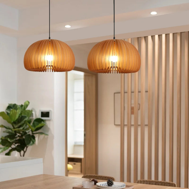 lustre en bois japonais style nordique rétro citrouille pour intérieur - vue 4 sur 11