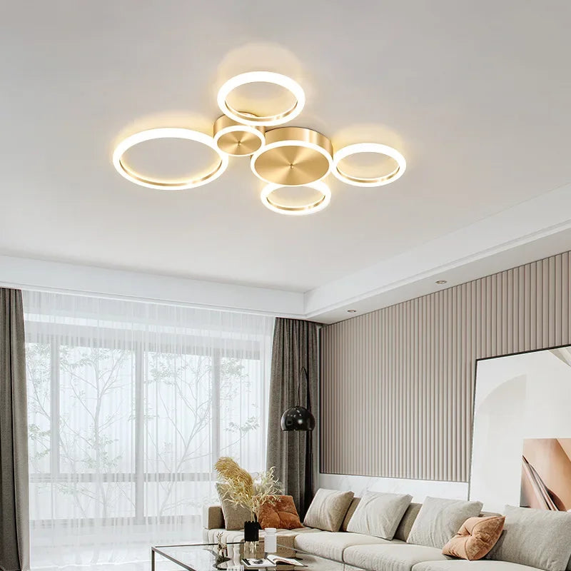 Plafond moderne à LEDs lustre en aluminium Simple plafonnier pour salon chambre salle à manger cercle anneaux plafonnier doré - vue 6 sur 12