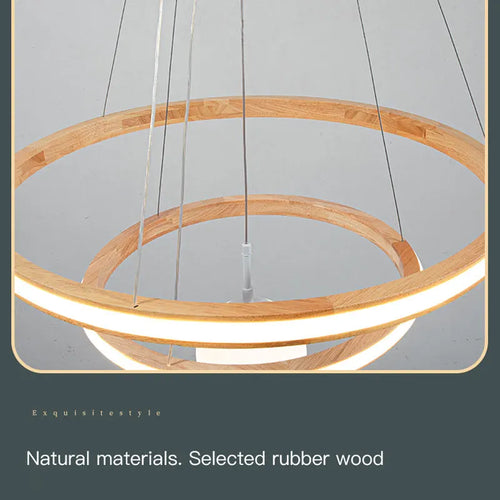 lustre en bois moderne avec anneaux lumineux et verre