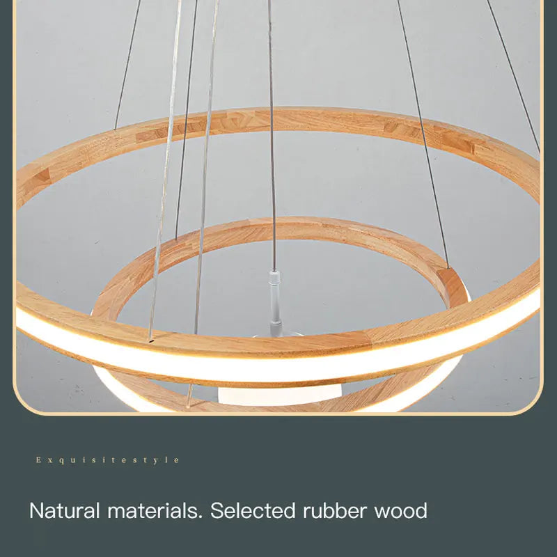 lustre en bois moderne avec anneaux lumineux et verre - vue 7 sur 9