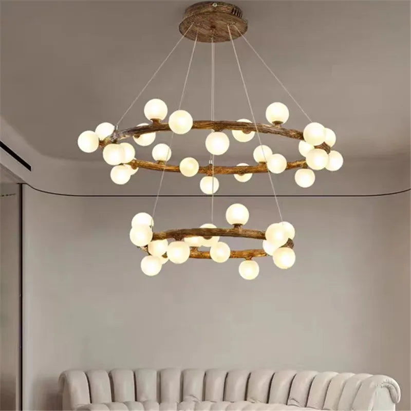 lustre nordique en bois avec anneau de personnalité et verre laiteux - vue 4 sur 11