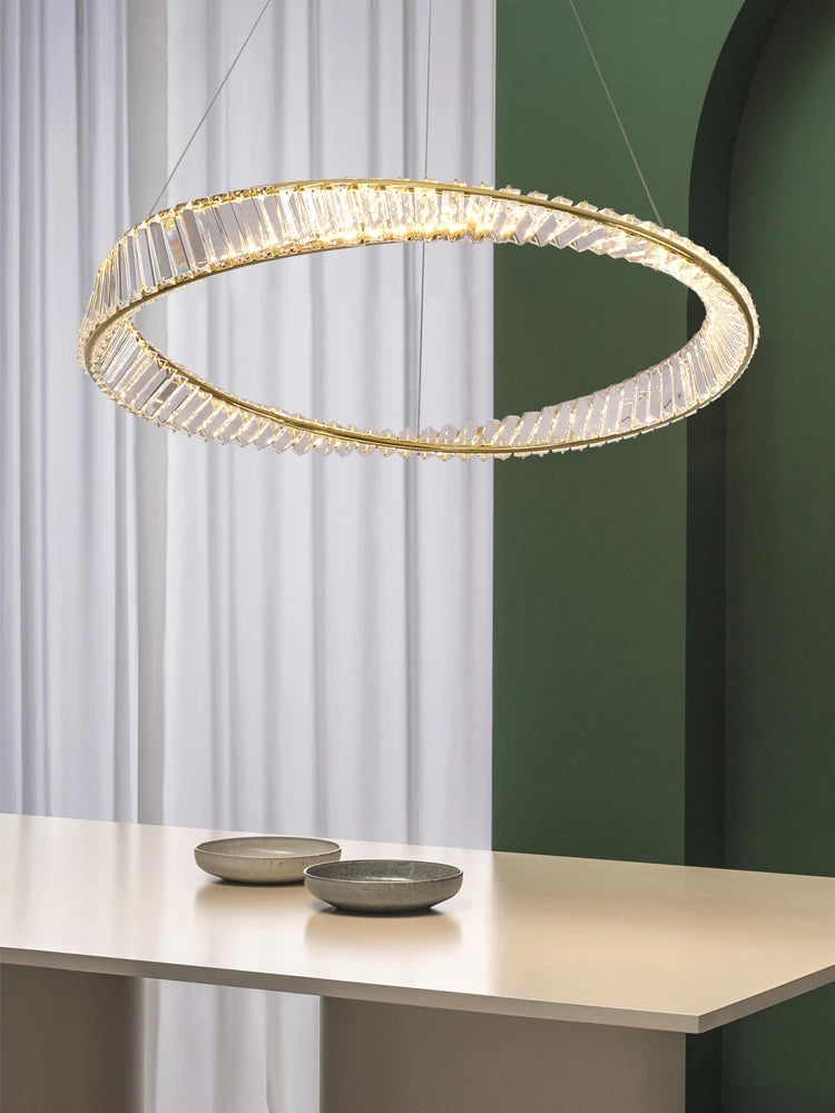 lustre décoratif circulaire en cristal et acier inoxydable - vue 5 sur 7