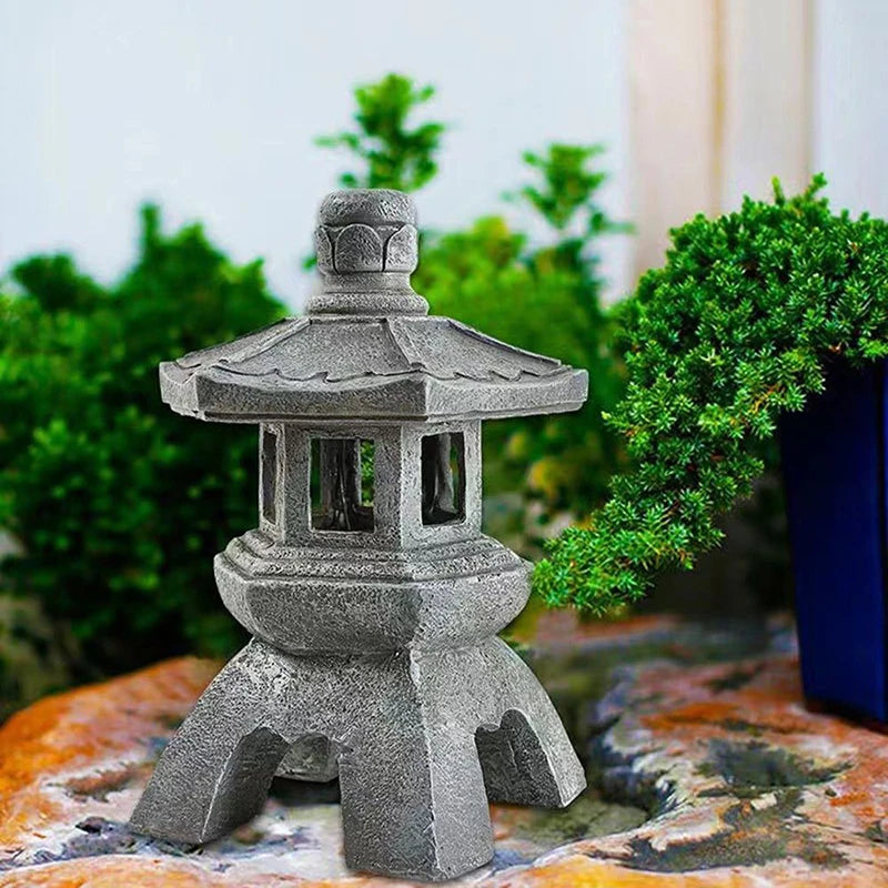 sculpture de jardin lampe solaire en résine design japonais étanche - vue 4 sur 9