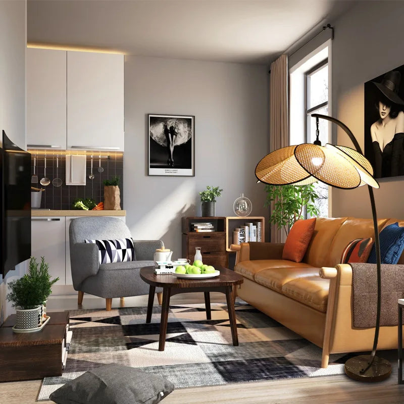 lampadaire rétro en rotin tissé design chinois pour décoration intérieure