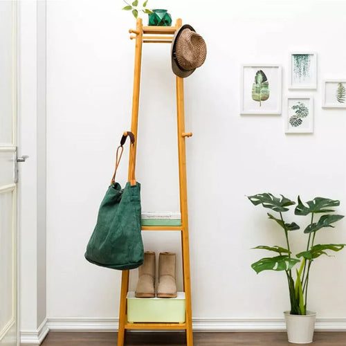 porte-manteau en bambou sur pied avec étagère de rangement - vue 2 sur 7