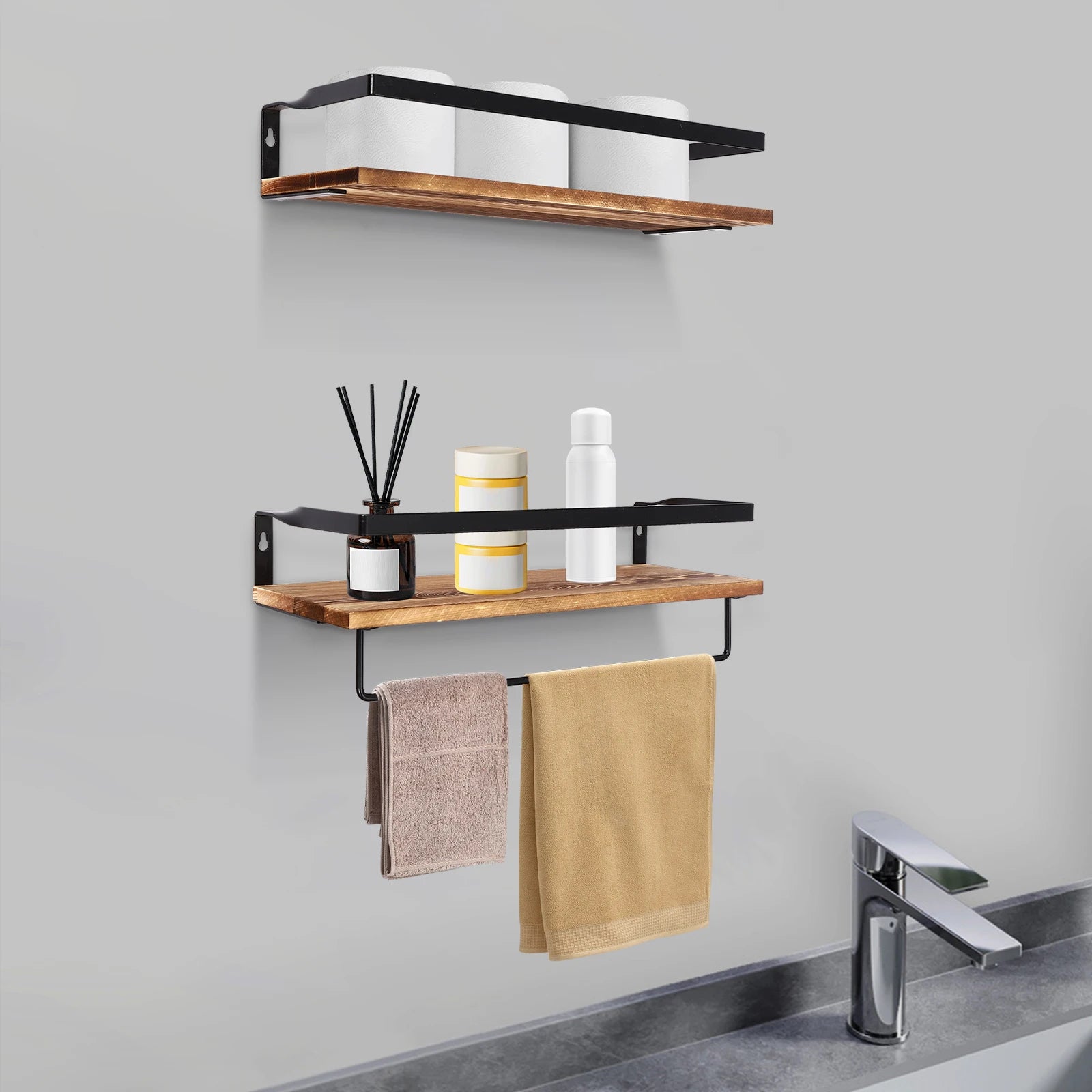 etagère murale en bois avec barre porte-serviettes pour rangement pratique - vue 5 sur 7