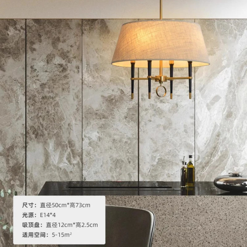 brun clair couverture en tissu circulaire suspension lampe salon chambre lustres cuivre suspension lampe de style chinois plafonnier - vue 3 sur 7