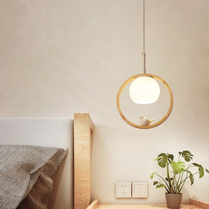 Suspension LED en verre nordique en forme d'oiseau rond en bois - vue 5 sur 15