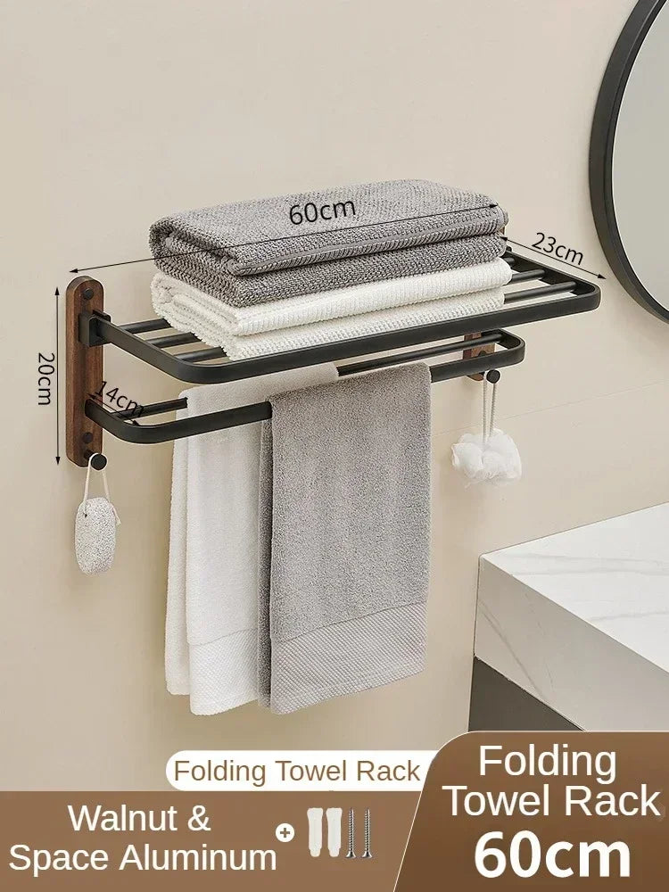 porte-serviettes en bois et aluminium organisateur mural pour accessoires de douche - vue 13 sur 16