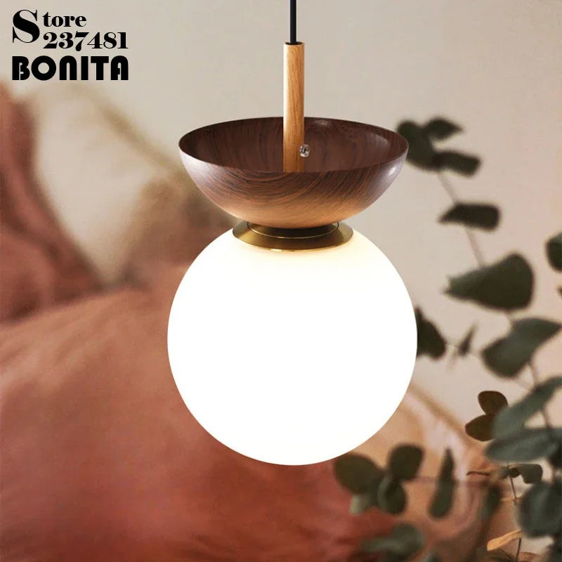 suspension ronde en verre et bois de noyer japonais - vue 2 sur 10
