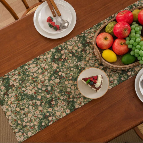 Chemin de table jacquard vert fleurs campagne pompons - vue 6 sur 6