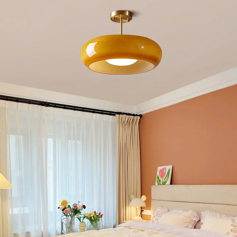 IWHD nordique plafond moderne à LEDs lampe maison éclairage intérieur chambre salon salle à manger cuivre jaune verre abat-jour lampara