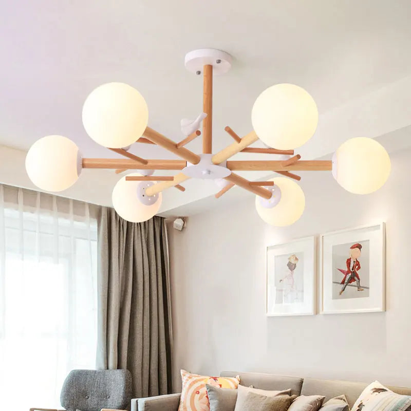 lustre en bois naturel avec abat-jour en verre moderne - vue 4 sur 9