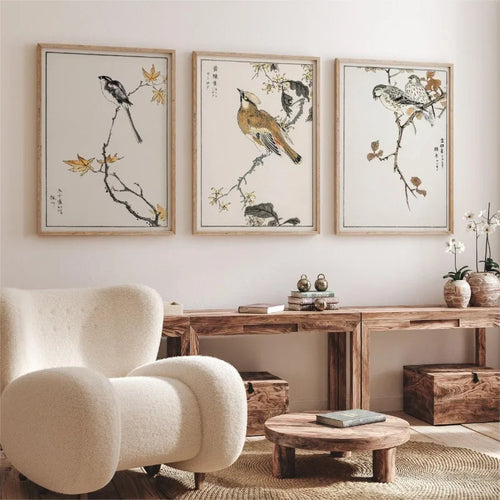 ensemble de 3 affiches oiseaux vintage style japonais décor mural