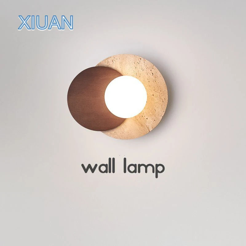 Japanese style Wabi-sabi Round Wall Lamps for Living Room Bedside Aisle Stair Entrance Decor Yellow Cave Stone Solid Wood Light - vue 2 sur 8