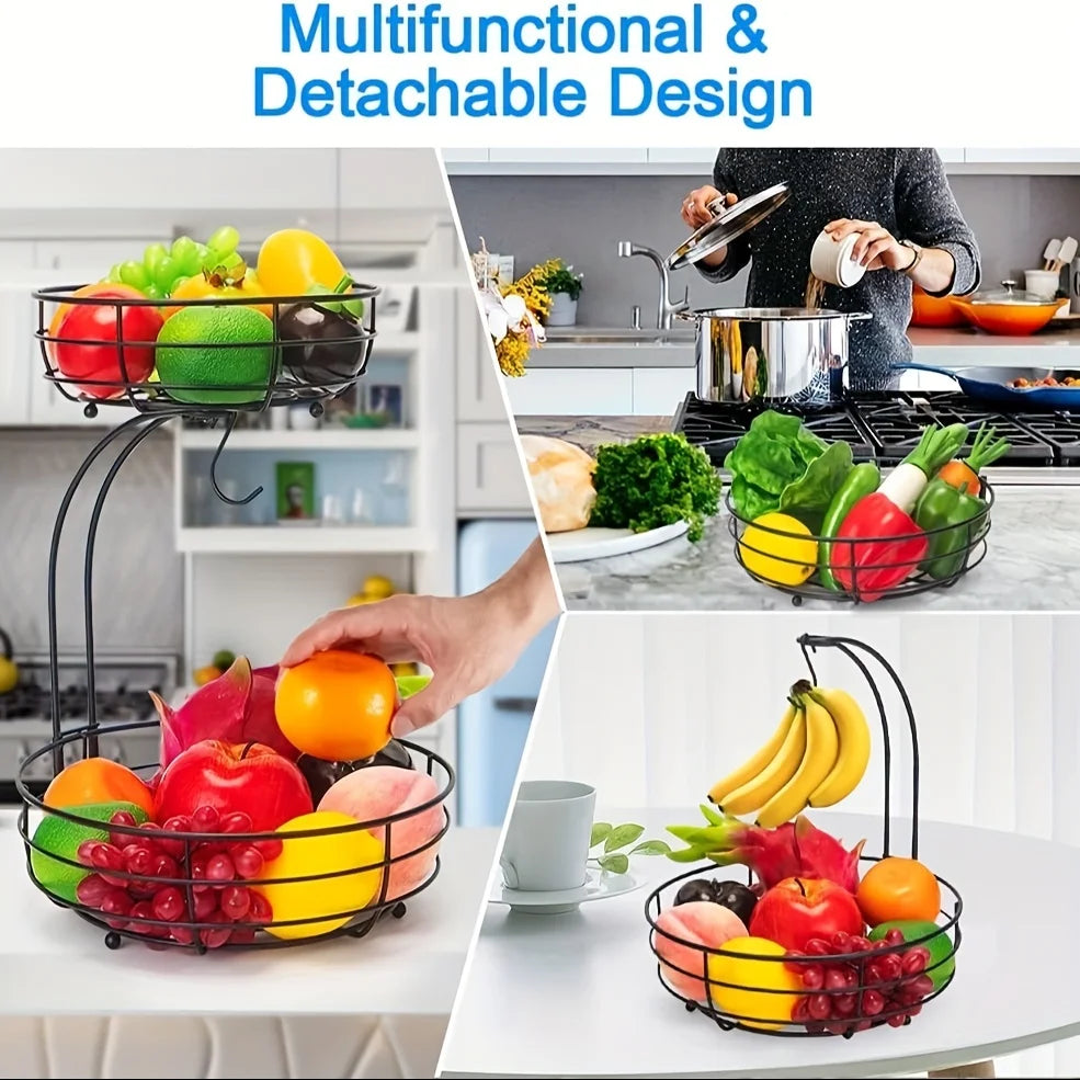 panier à fruits à deux niveaux avec support bananes en métal - vue 7 sur 7