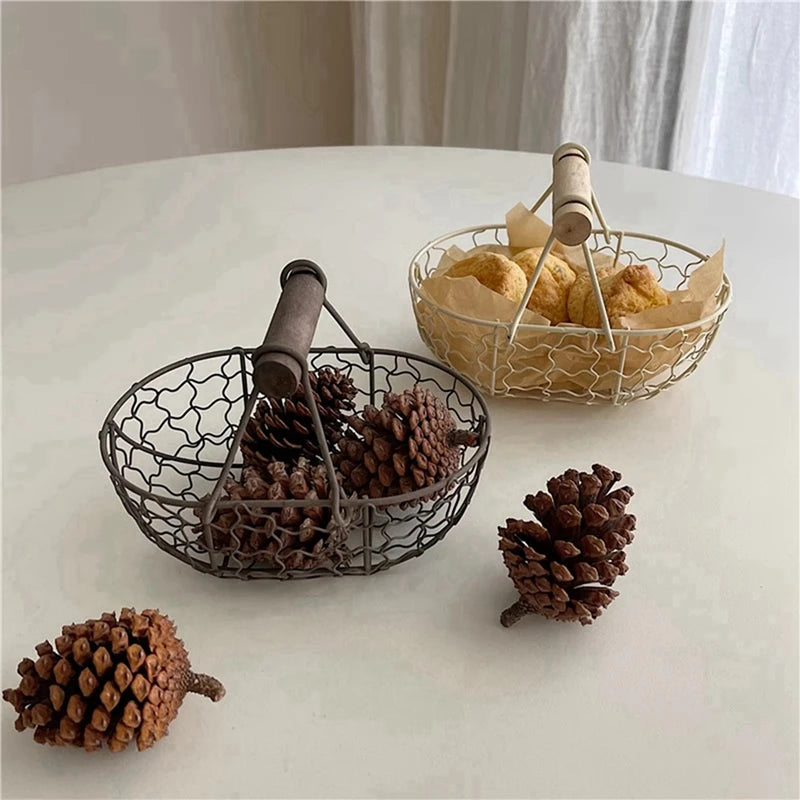 panier en fer pour fruits légumes et pain avec poignée en bois - vue 4 sur 10