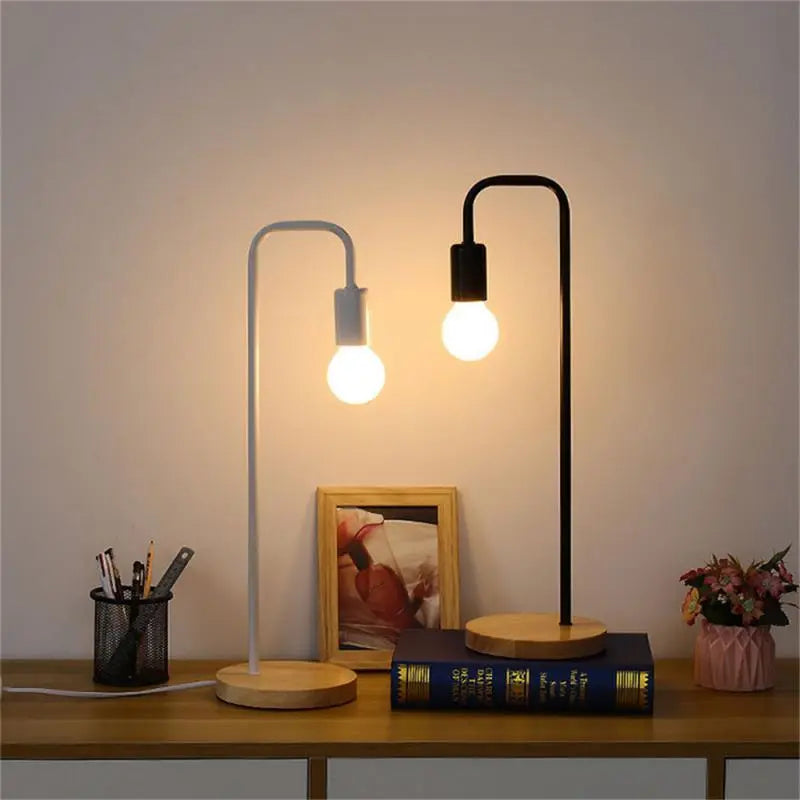 Lampe de Table nordique noir blanc Loft lampe de bureau Vintage en bois E27 ampoule lampes de Table en métal fer luminaires - vue 2 sur 8
