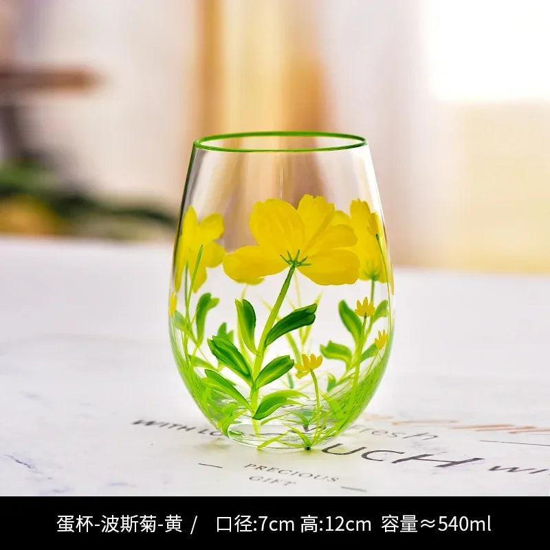 Verre vin haut motifs floraux dessinés lot trois