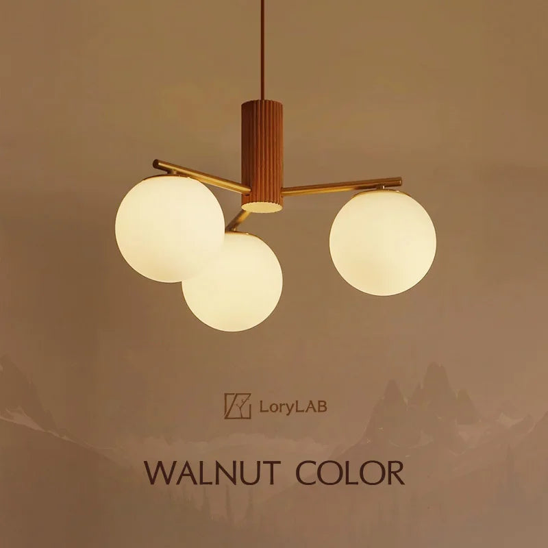 Walnut Wood Brass Round Glass, Wabi-sabi Modern Simple style, Chandelier light for Living room, Bedroom, Dining room, Study - vue 2 sur 16