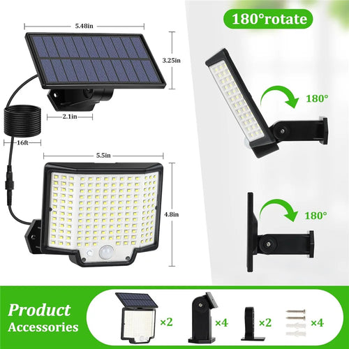 lumière solaire extérieure 166 led avec capteur de mouvement et télécommande - vue 2 sur 8