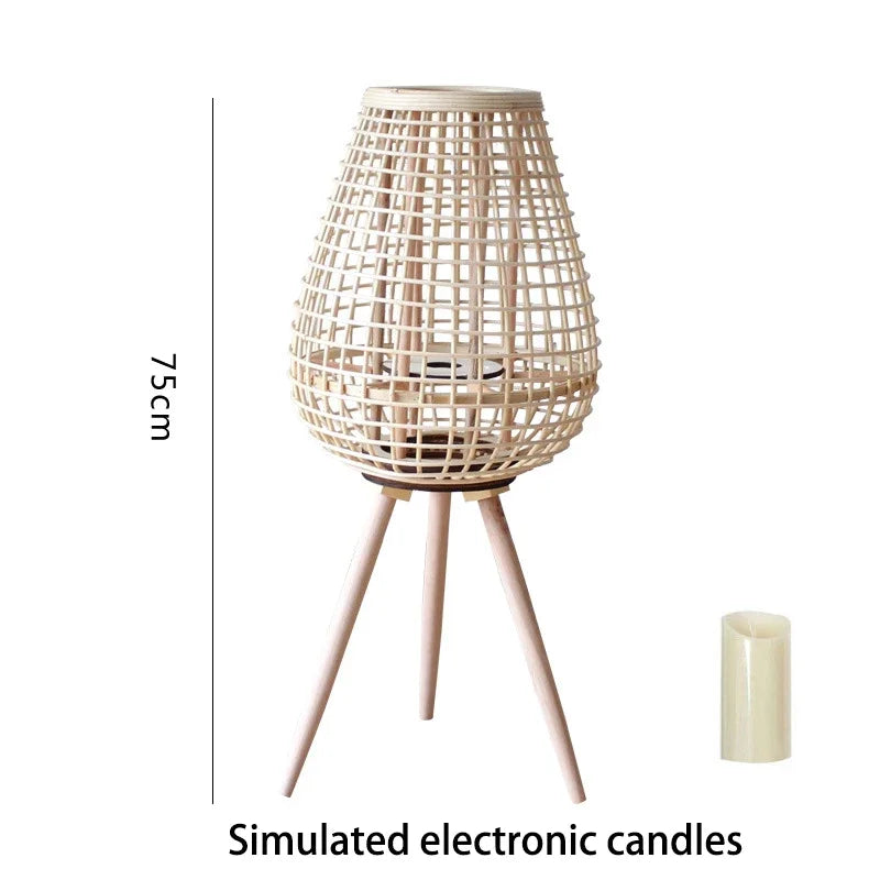 lampadaire en rotin avec chandelier et bougie électronique décorative - vue 12 sur 18
