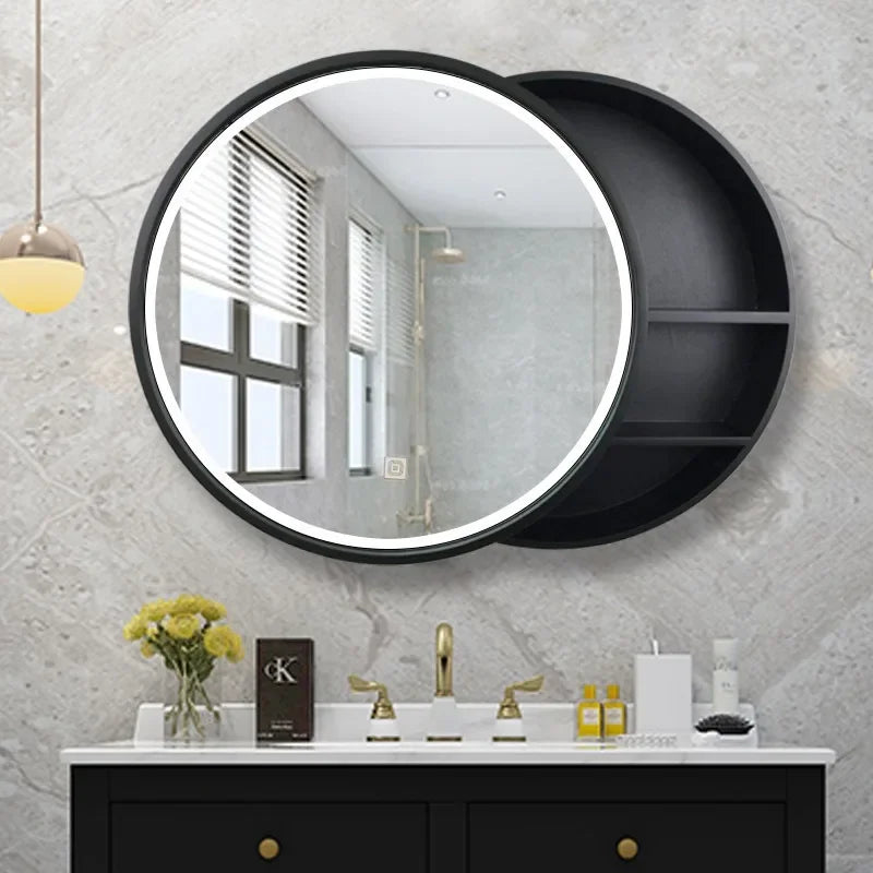 armoire de rangement murale avec miroir décoratif rond - vue 7 sur 8