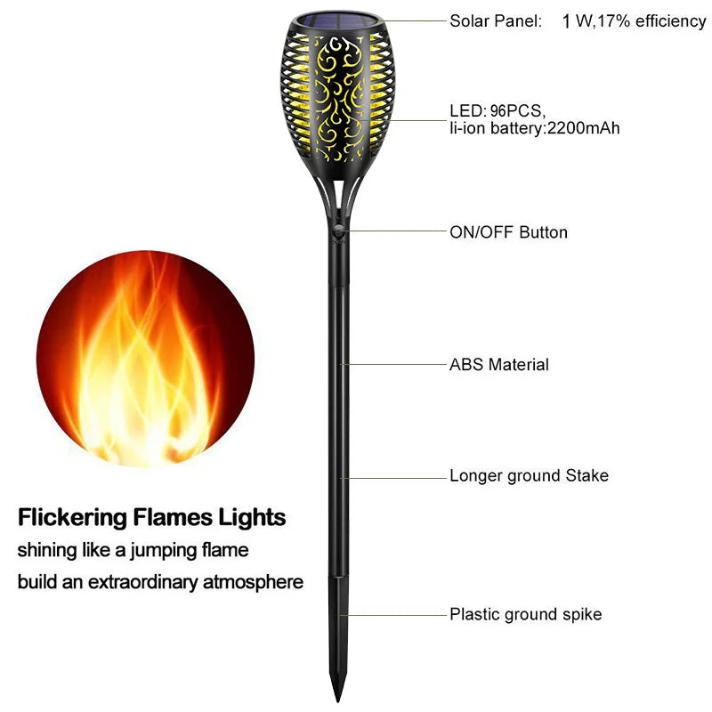 lampe solaire extérieure 96 led torche vacillante pour jardin et patio - vue 4 sur 11