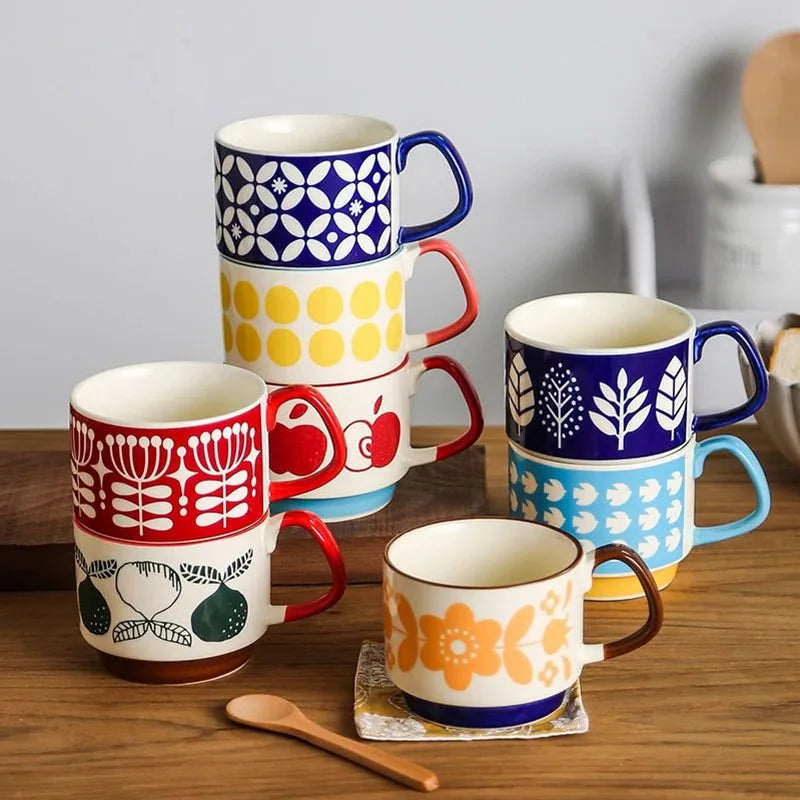 Ensemble tasses cafe ceramique motif floral japonais retro - vue 2 sur 7