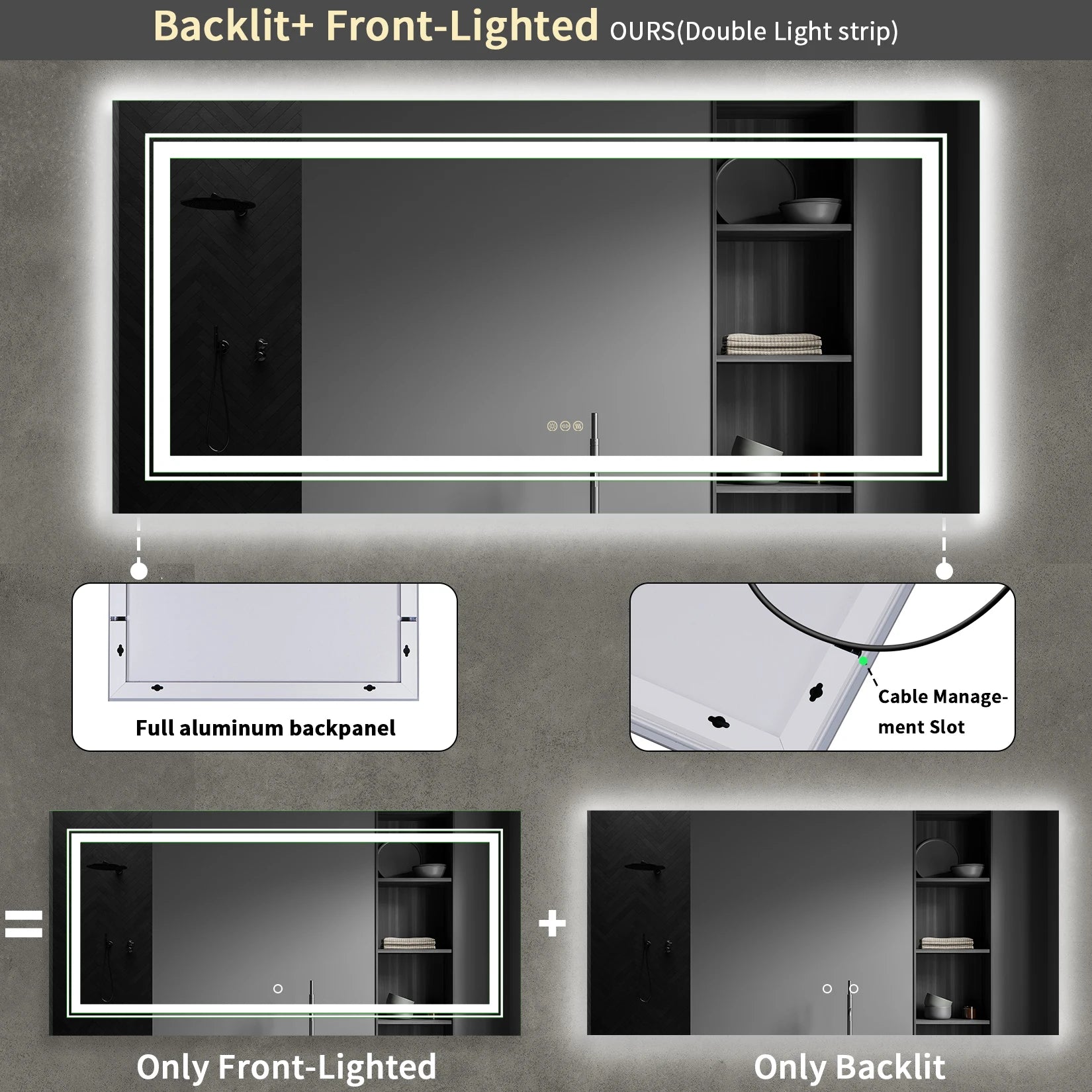 miroir rectangulaire rétroéclairé à intensité variable avec interrupteur tactile - vue 5 sur 7