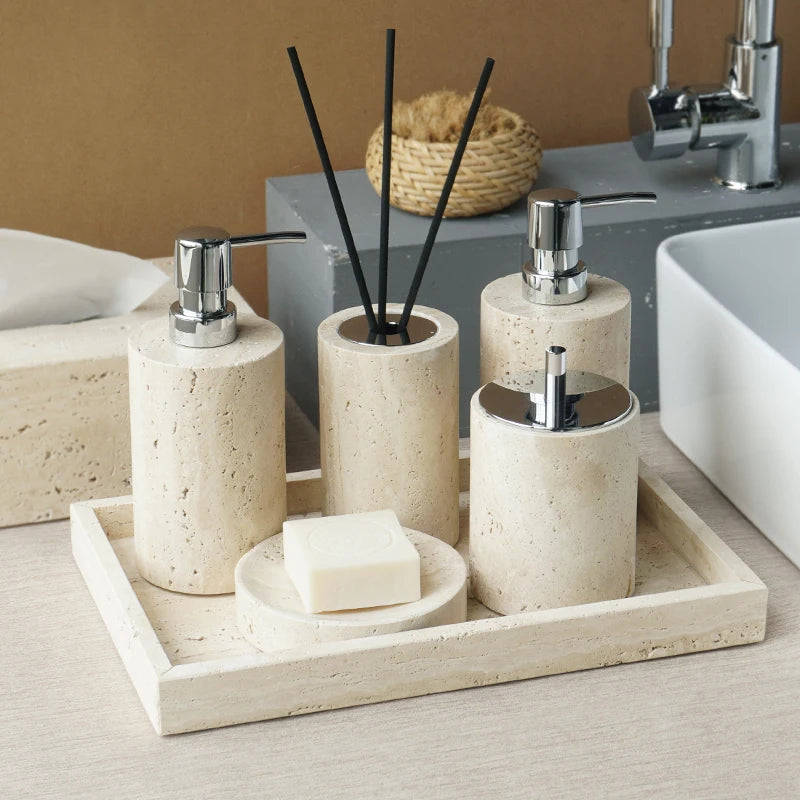 ensemble accessoires salle de bain en travertin beige naturel - vue 4 sur 28