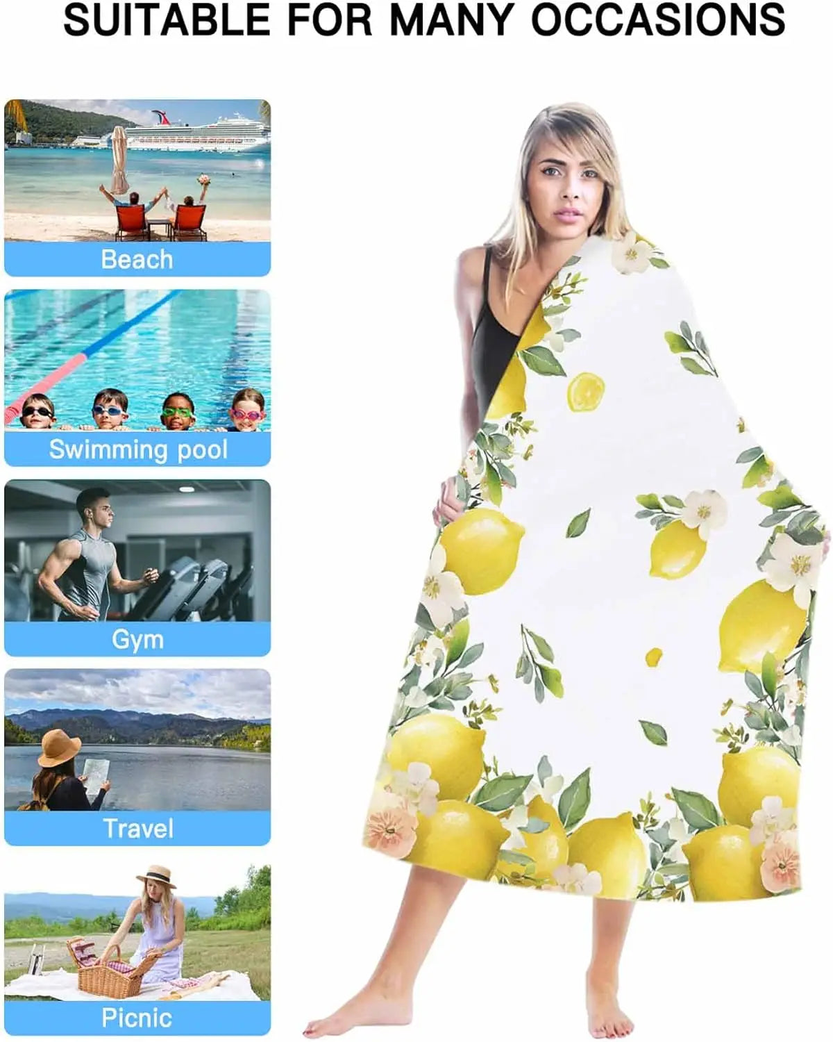 Serviette de plage microfibre citron motif floral été