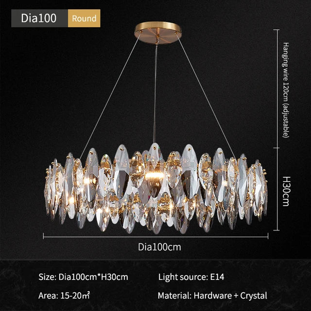 lustre moderne en cristal avec led et suspensions ronds