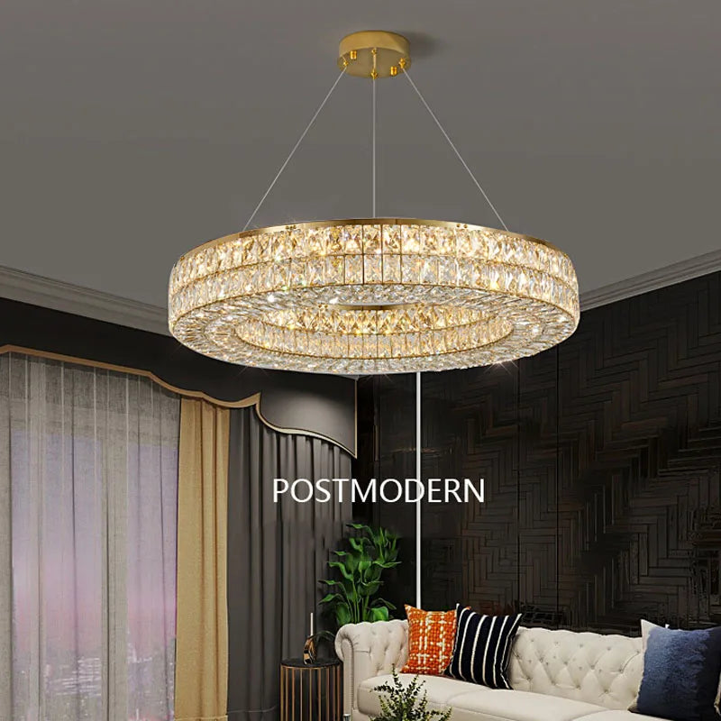 Lumière moderne luxe doré rond plafond lustre en cristal salon intérieur créatif anneau lumière LED lumineuse lustre - vue 4 sur 16