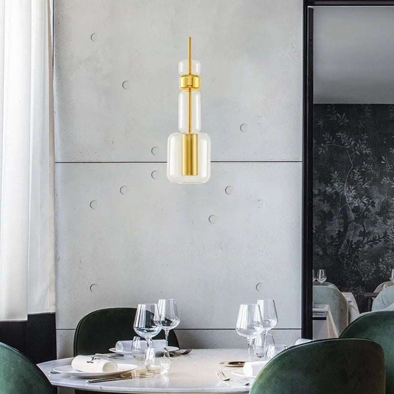suspension moderne en verre avec luminaires en métal doré et noir - vue 3 sur 8