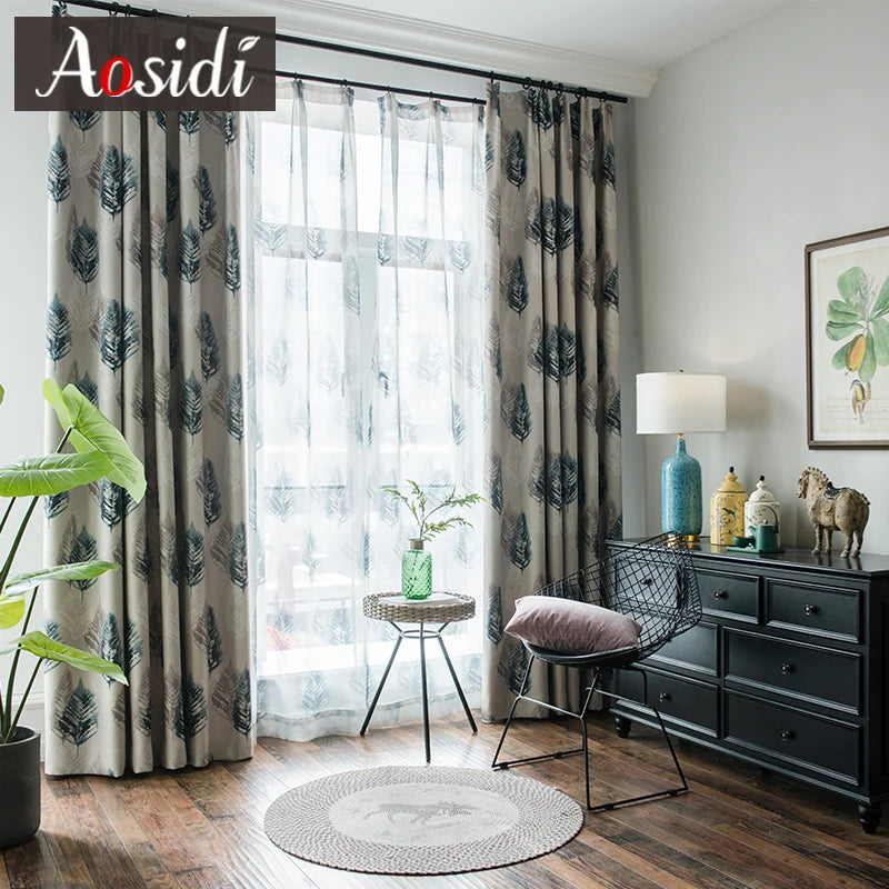 Voilage rideau motif plumes style mediterraneen salon chambre