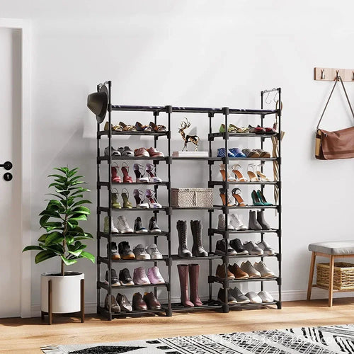 etagère à chaussures en métal grande capacité avec crochets et rangement - vue 4 sur 9