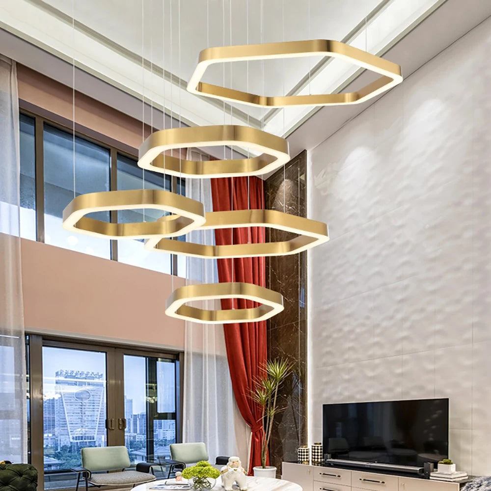 Hexagone Design Led Lustre Moderne De Luxe En Acier Inoxydable Lampe Salon Suspension Luminaire Décor À La Maison Escalier Plafond Lustre - vue 2 sur 14