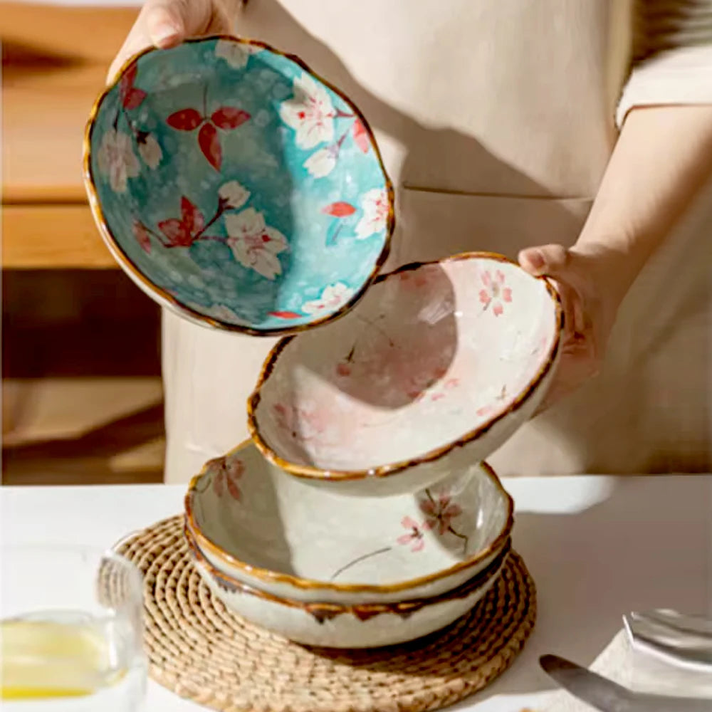 Assiettes creuses ceramique style japonais retro motif floral