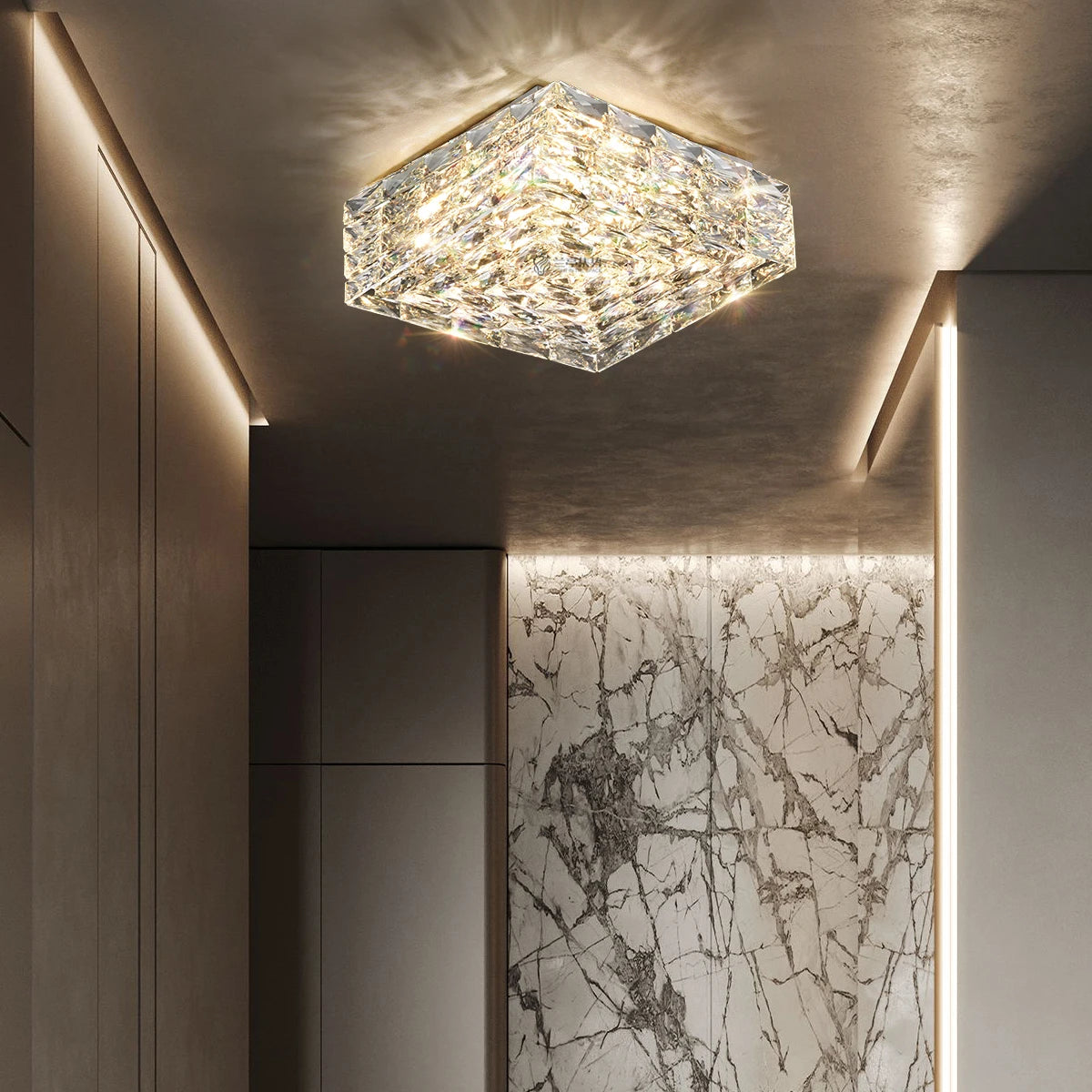plafonnier en acier inoxydable et cristal design moderne créatif carré - vue 2 sur 9