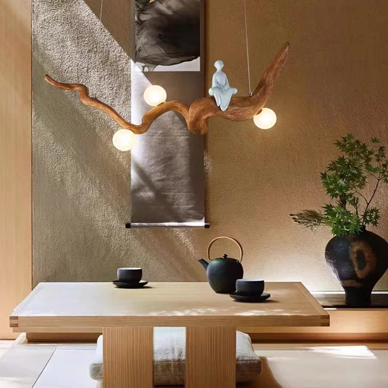 Lustre design Zen résine style bois à Branches suspension - vue 5 sur 7