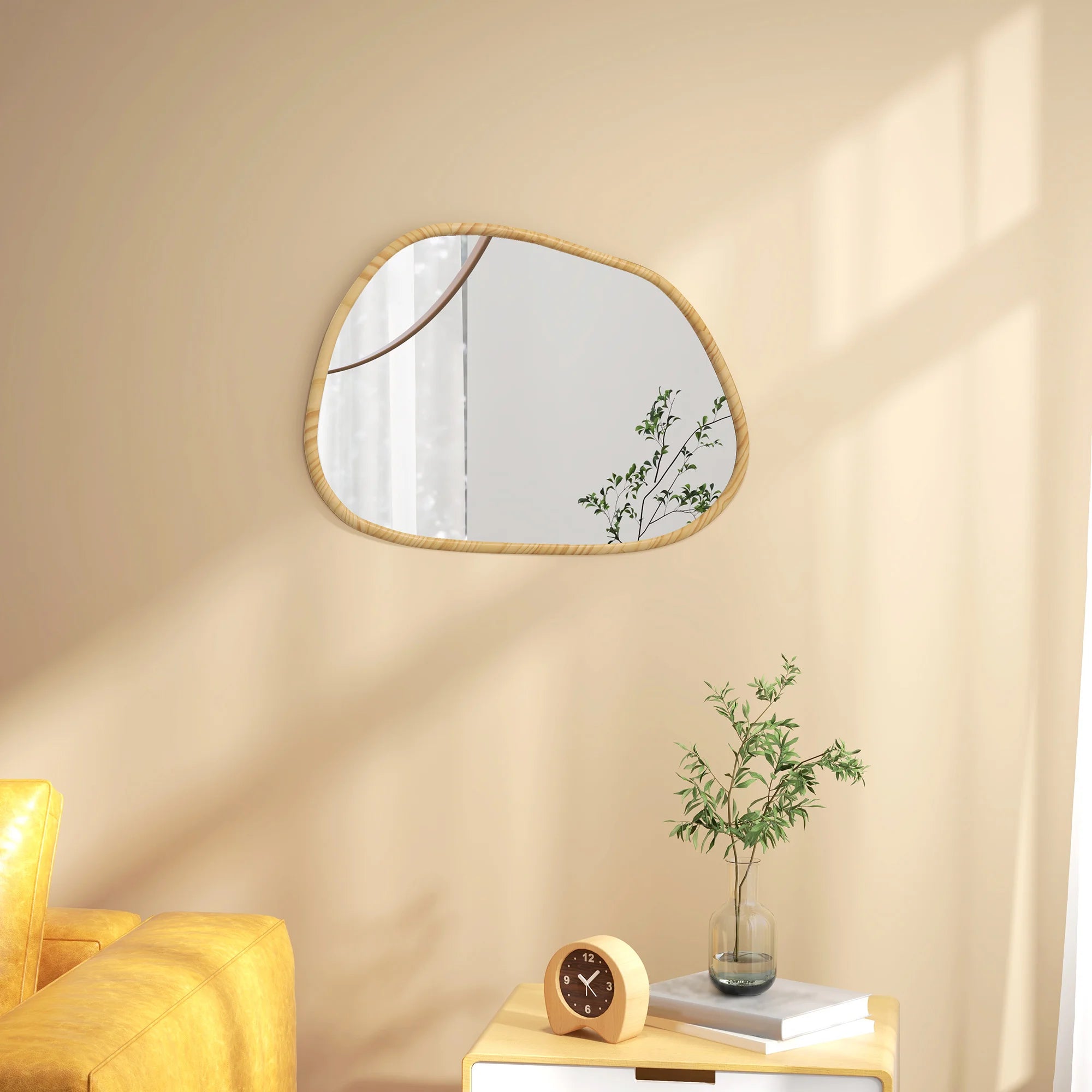 miroir mural homcom forme irrégulière avec cadre en bois naturel - vue 4 sur 7