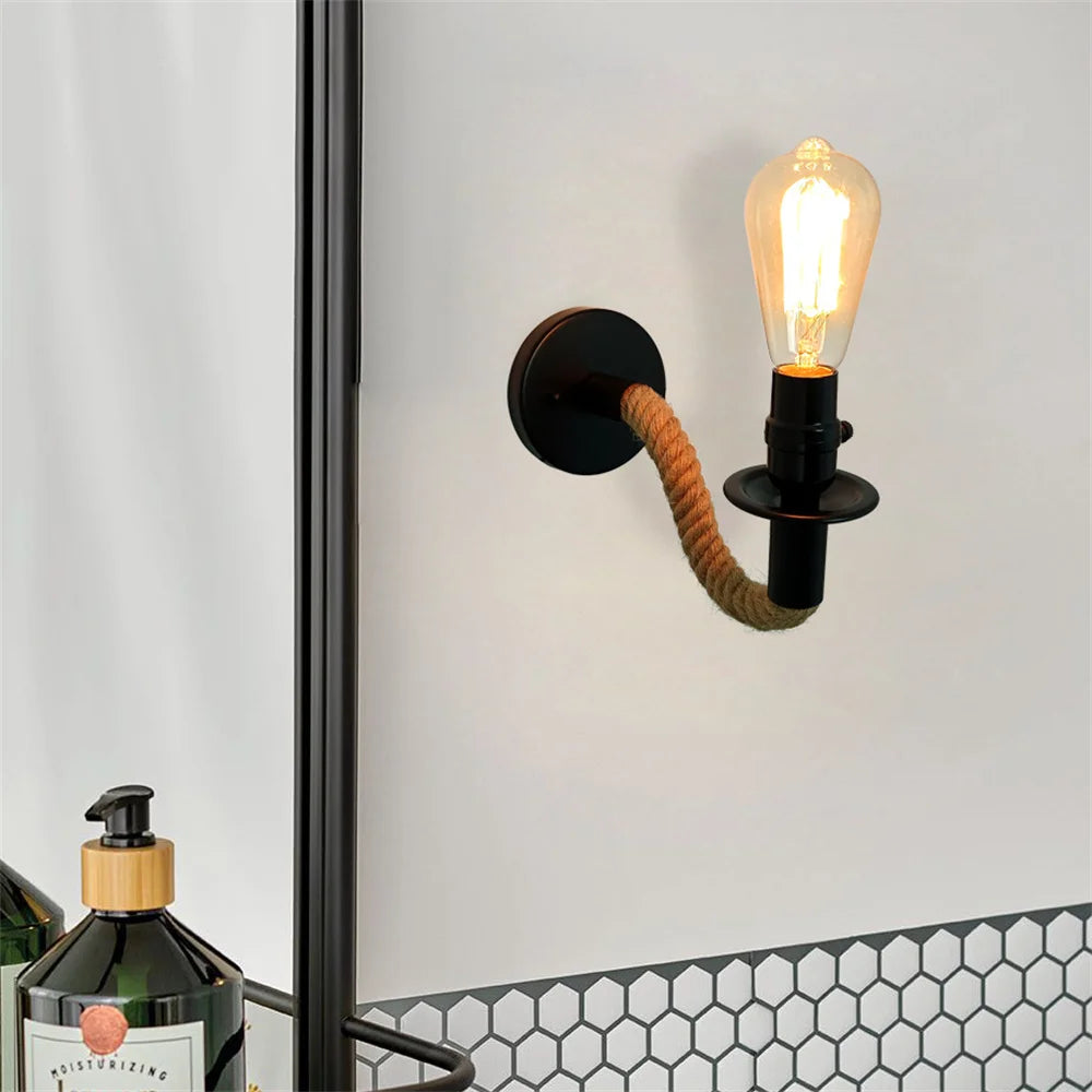 applique murale industrielle vintage en fer avec corde de chanvre
