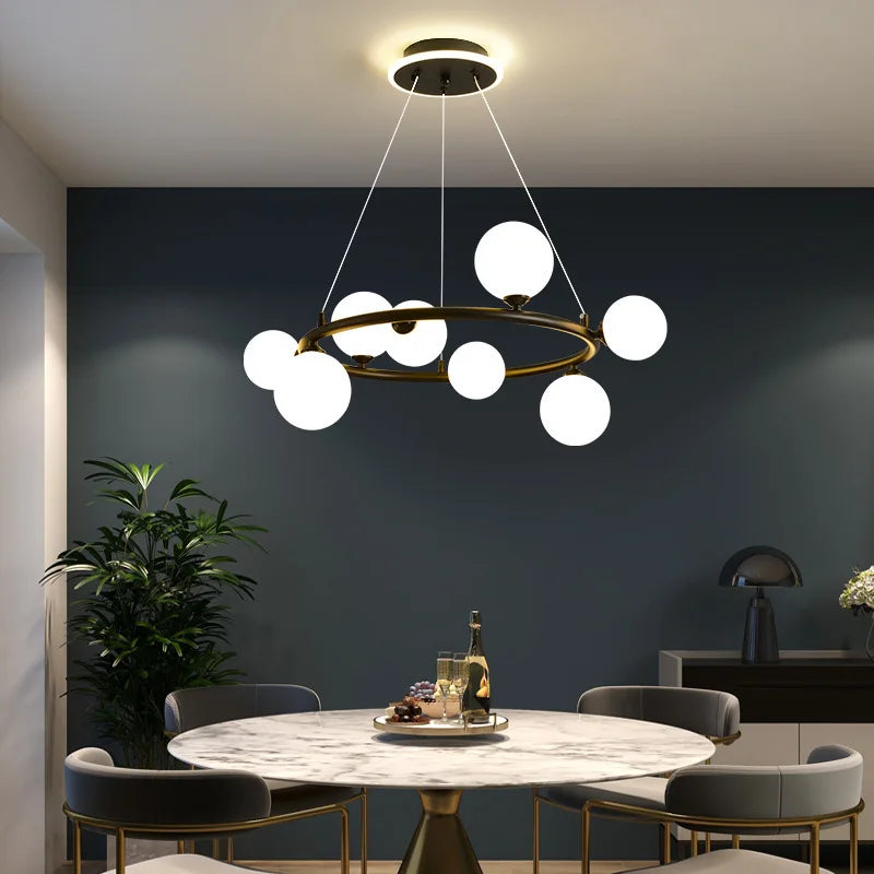 lampe suspendue nordique avec boule de verre et anneau mat réglable - vue 2 sur 14