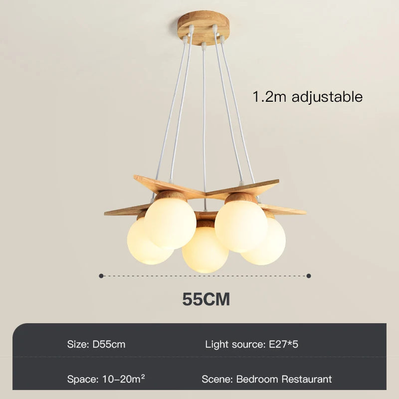 lustre en bois nordique avec boule en verre blanc