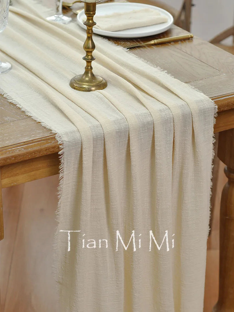 Chemin de table coton gaze beige style vintage - vue 2 sur 7