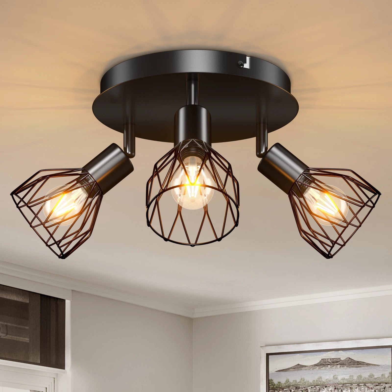 Spot de Plafond 3 Voies Rotatif - Spot Plafond Noir/Blanc Plafonniers E14 - Spot Luminaires Fil Cage Mur - vue 2 sur 7