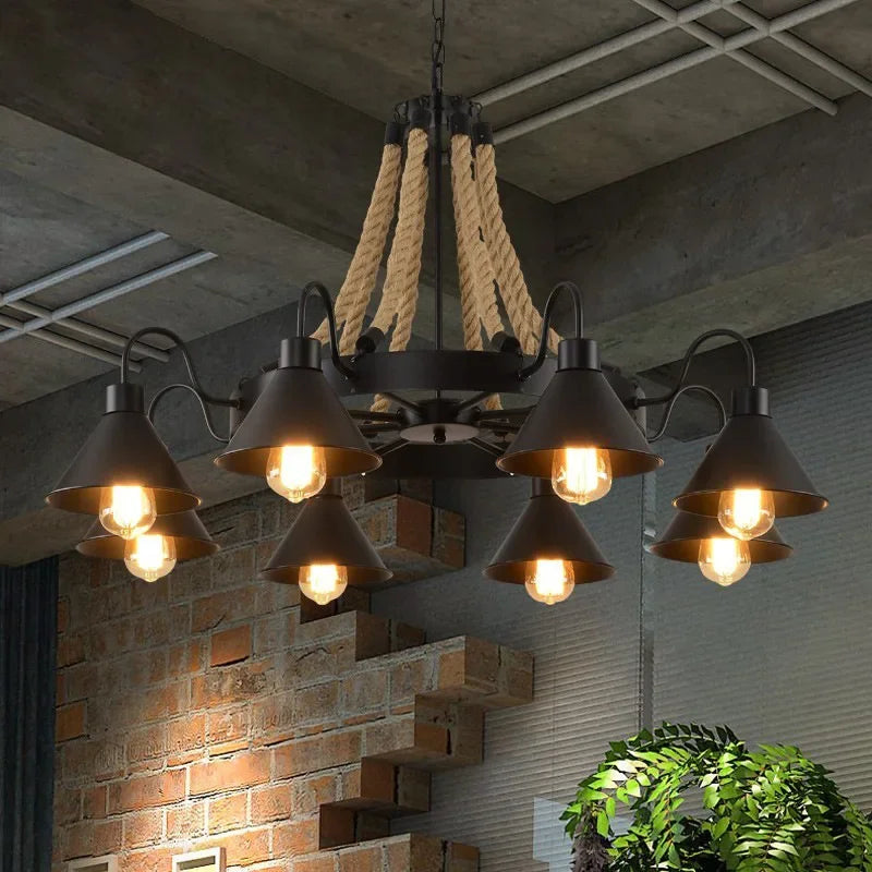 Vintage Hemp Rope Pendant Lamps Iron Lampshade Retro Coffee House Bar Indoor Lightings E27 Industrial Style Chain Pendant Light - vue 4 sur 12
