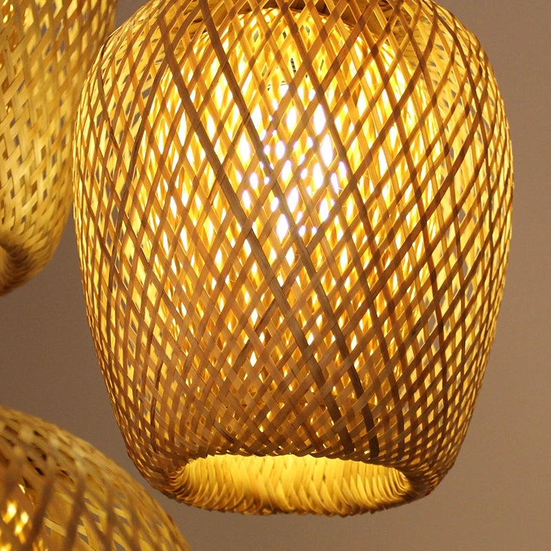 Suspension en bambou tissé à la main rétro salle à manger lanterne lustre E27 jardin maison chambre luminaires décoratifs suspension - vue 6 sur 14