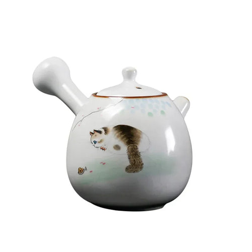 Théière céramique kiln motif chat poignée latérale filtre